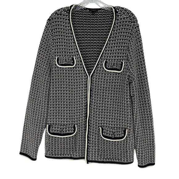 Talbots Black White Tipped Tweed Sweater Blazer Size Large Boucle Quiet Luxury - Picture 1 of 16